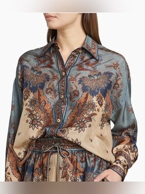 NWOT Zimmermann Ascension Silk Western Shirt in Blue Cream Indienne Floral